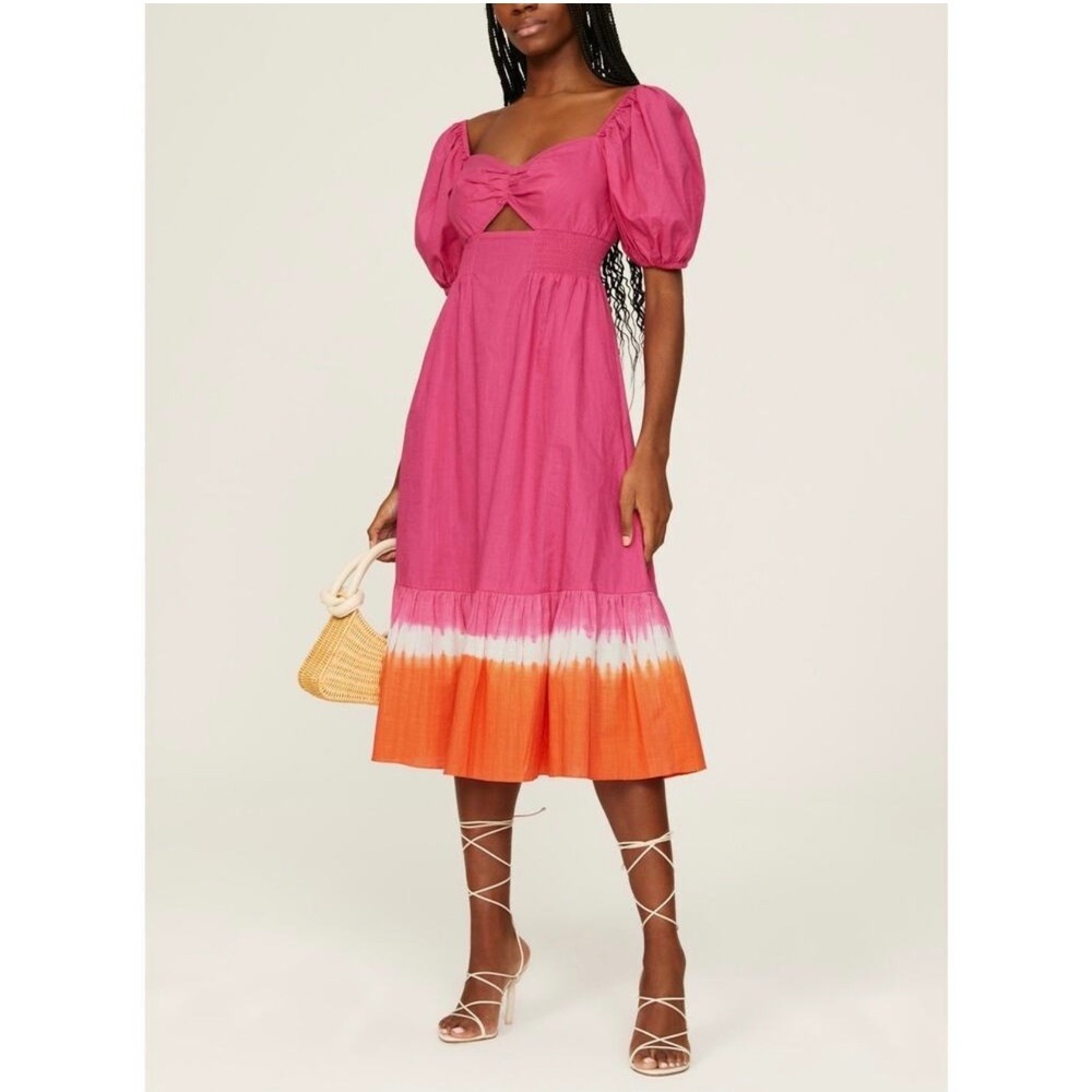 New Sachin & Babi Fuchsia Orange Bri Puff Sleeve Midi‎ Dress Size 14